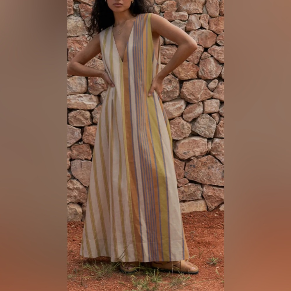 Soleil Soleil Avery Linen Blend Dress Womens M / L Striped Multi Resortwear NWT